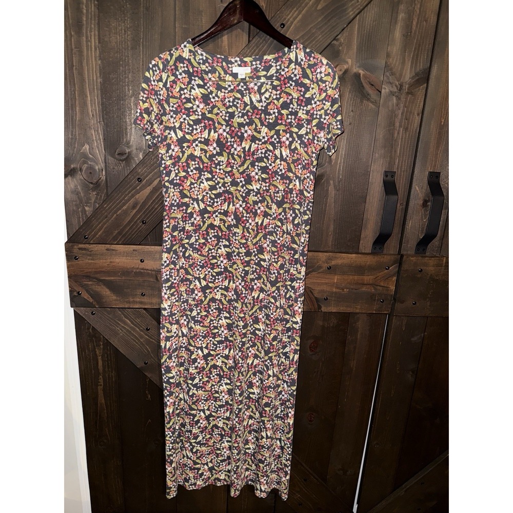J Jill Womens XS Knit Dress Black Floral Midi Short Sleeve Classic VNeck Stretch